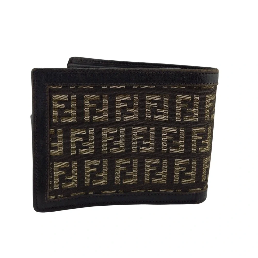 Fendi Zucca Canvas Bifold Wallet Brown Leather Monogram FF Logo Mens Accessory